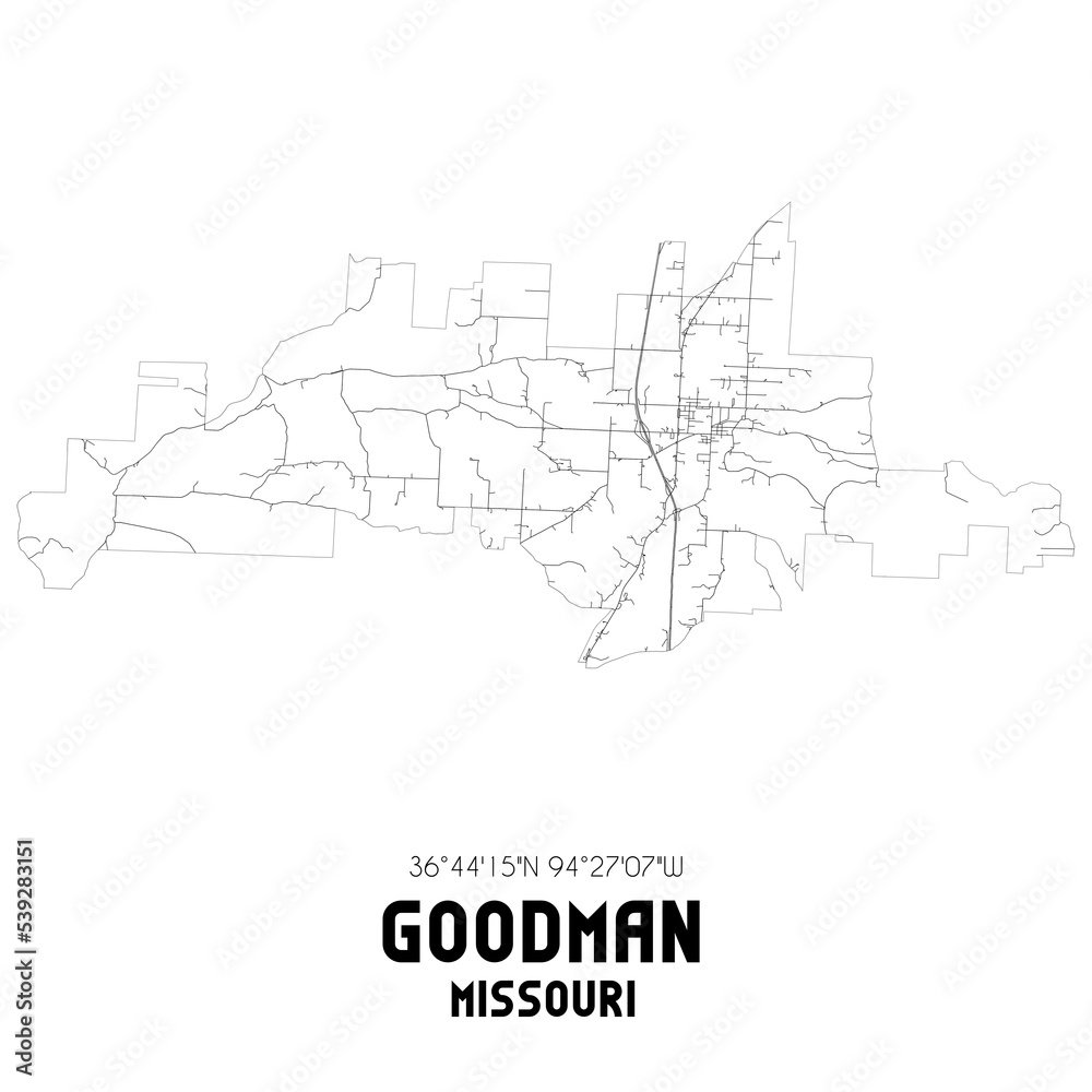 Goodman Missouri. US street map with black and white lines.