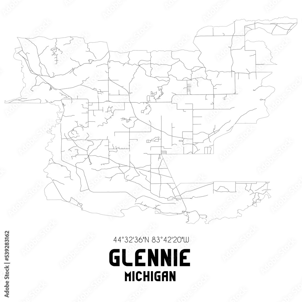 Glennie Michigan. US street map with black and white lines.