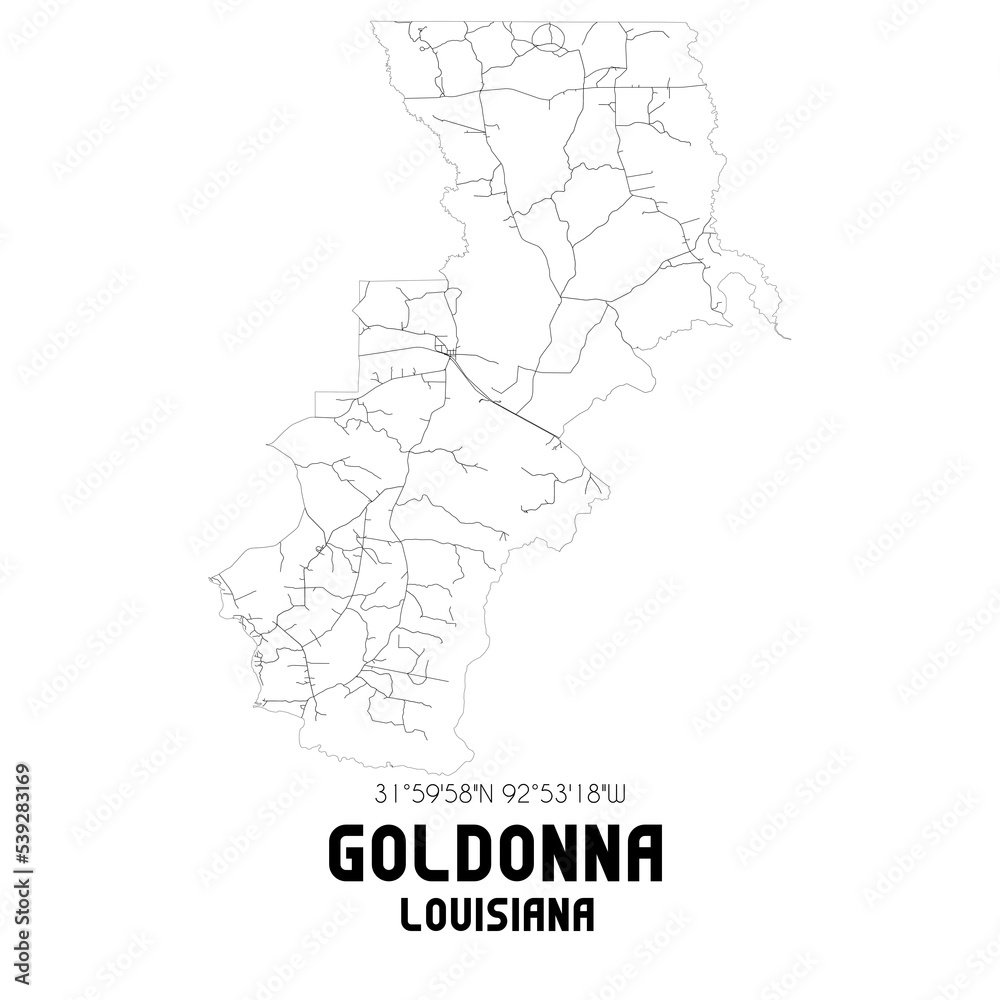 Goldonna Louisiana. US street map with black and white lines.