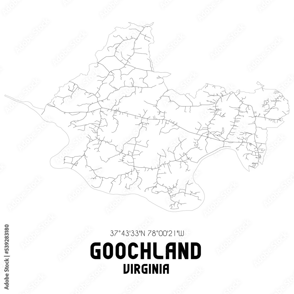 Goochland Virginia. US street map with black and white lines.