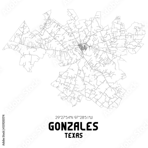 Gonzales Texas. US street map with black and white lines.