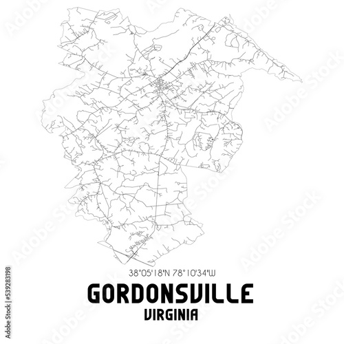 Gordonsville Virginia. US street map with black and white lines.