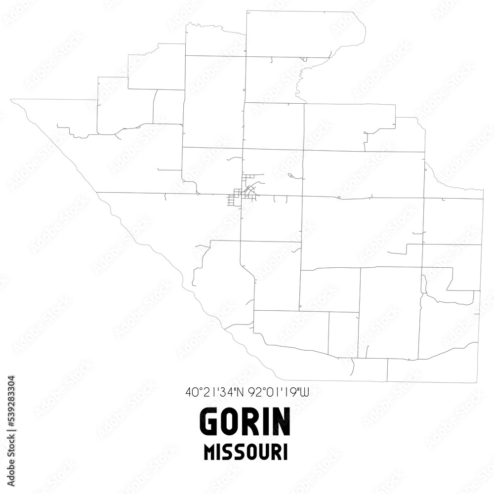 Gorin Missouri. US street map with black and white lines.