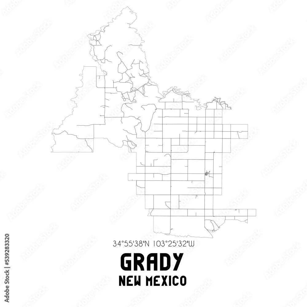 Grady New Mexico. US street map with black and white lines.