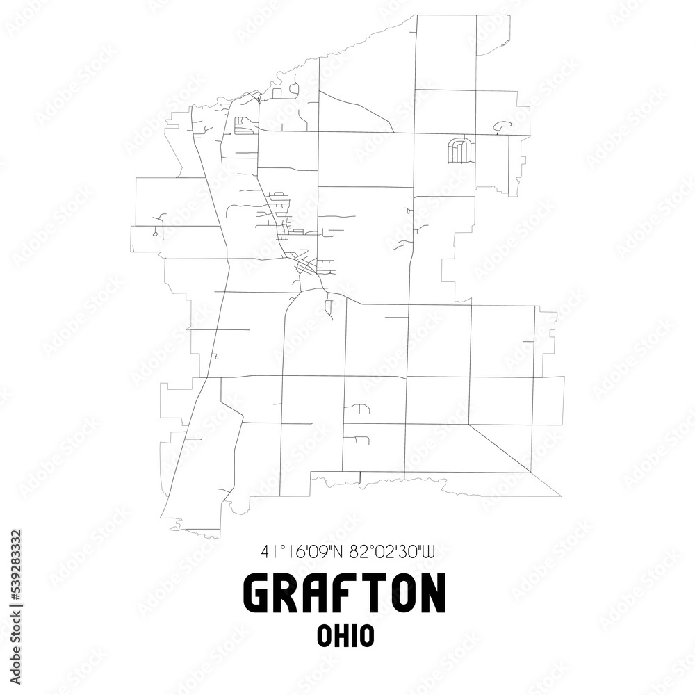Grafton Ohio. US street map with black and white lines.
