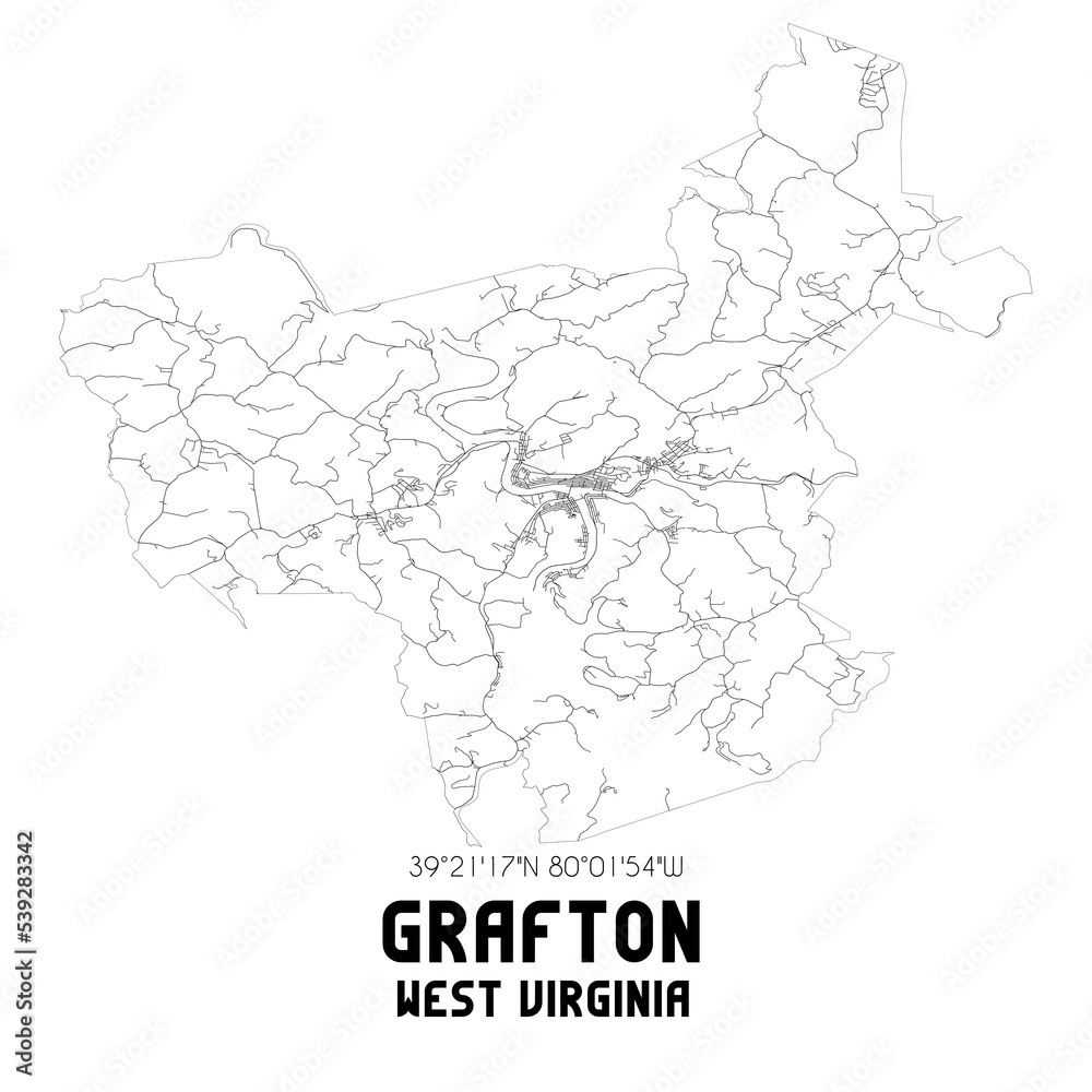 Grafton West Virginia. US street map with black and white lines.