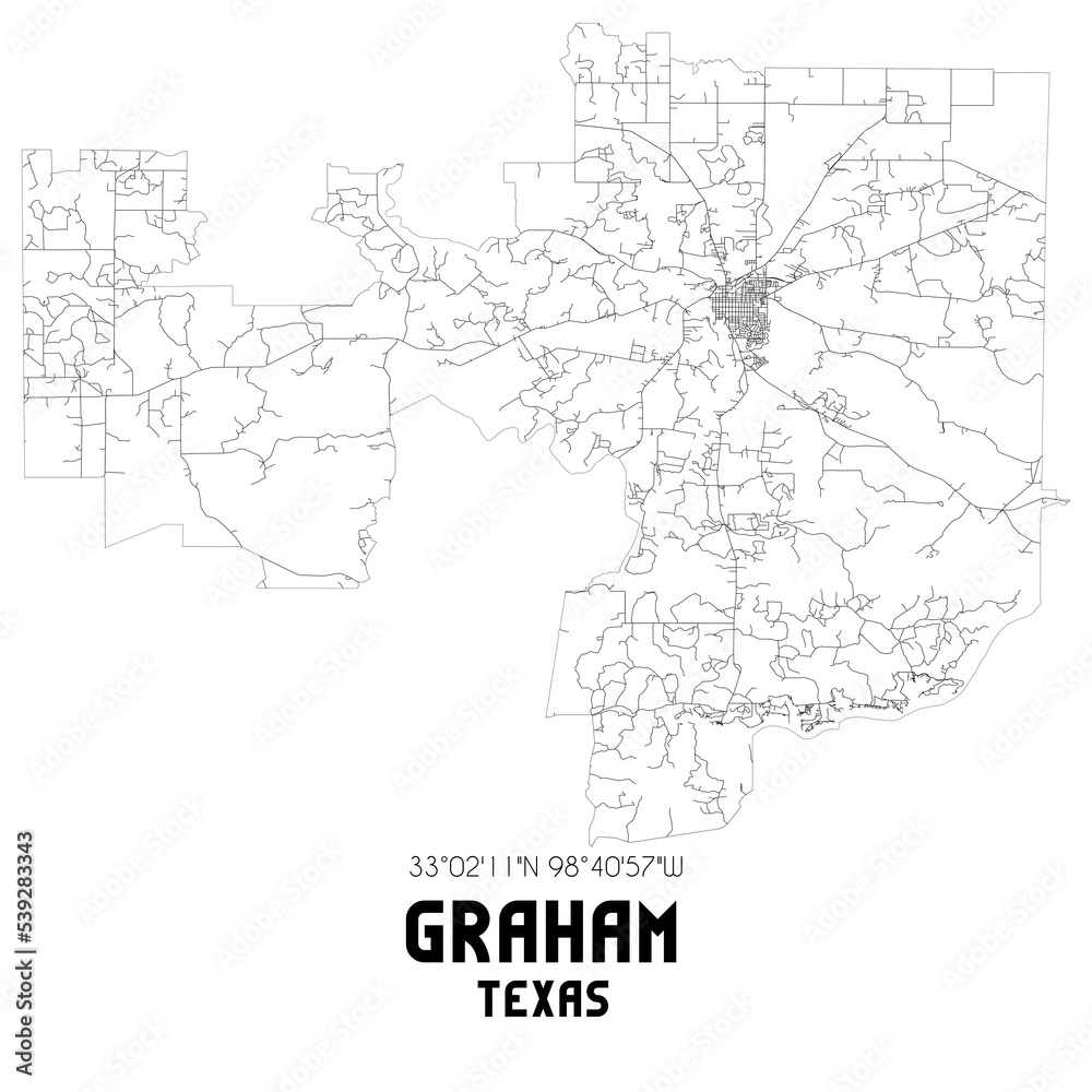 Graham Texas. US street map with black and white lines.