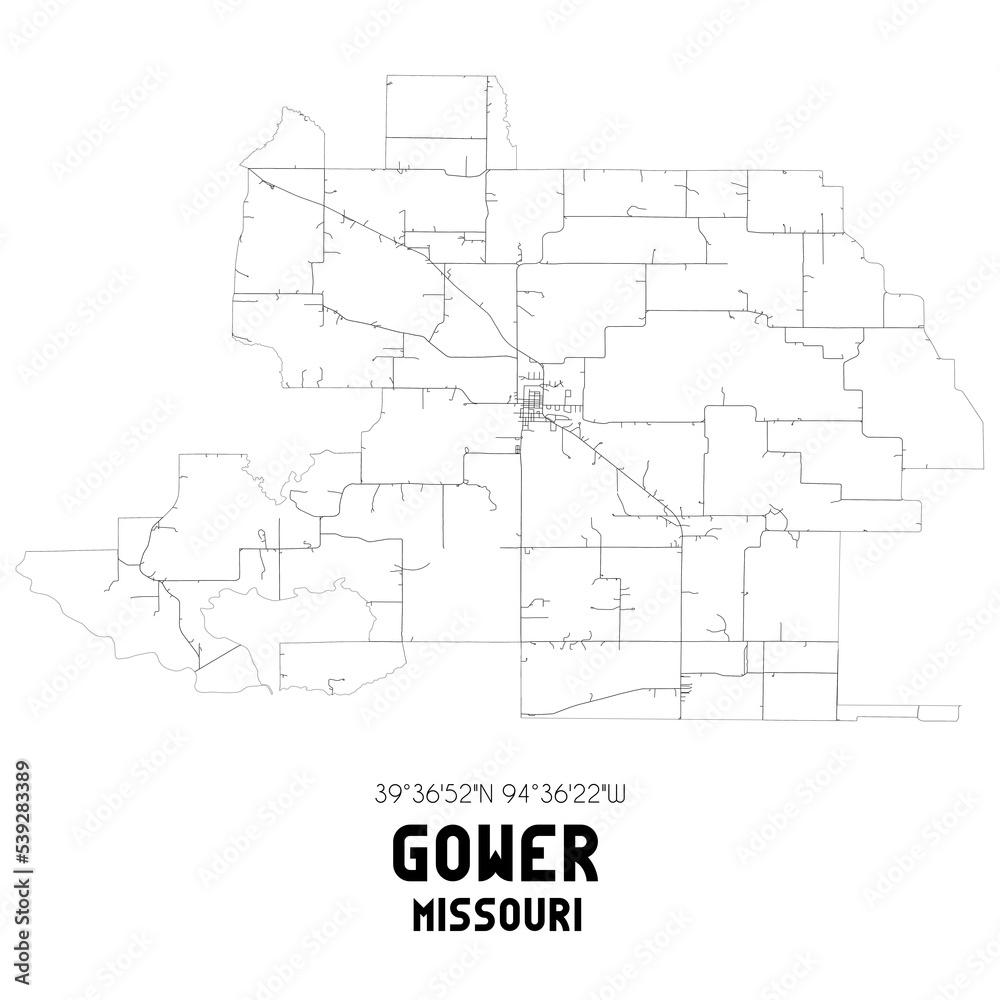 Gower Missouri. US street map with black and white lines.