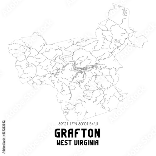 Grafton West Virginia. US street map with black and white lines.