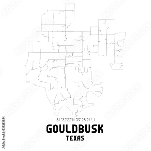 Gouldbusk Texas. US street map with black and white lines.