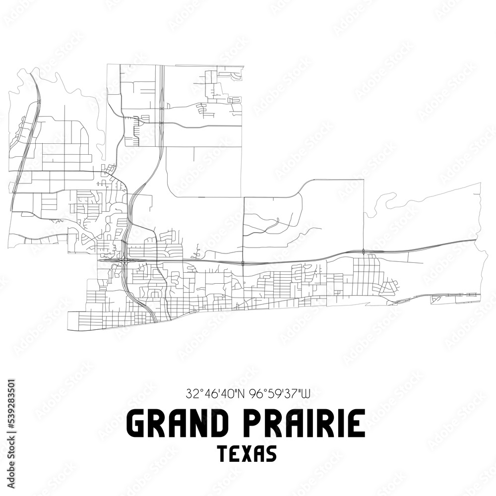 Grand Prairie Texas. US street map with black and white lines.