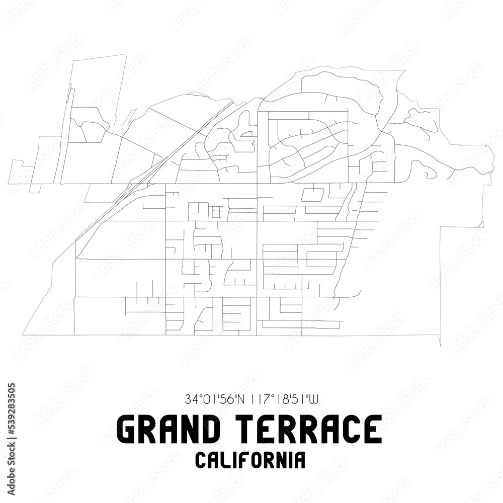 Grand Terrace California. US street map with black and white lines.