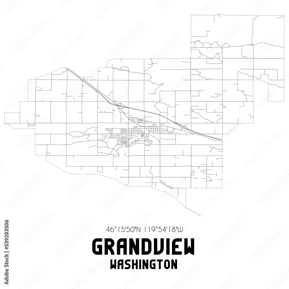 Grandview Washington. US street map with black and white lines.