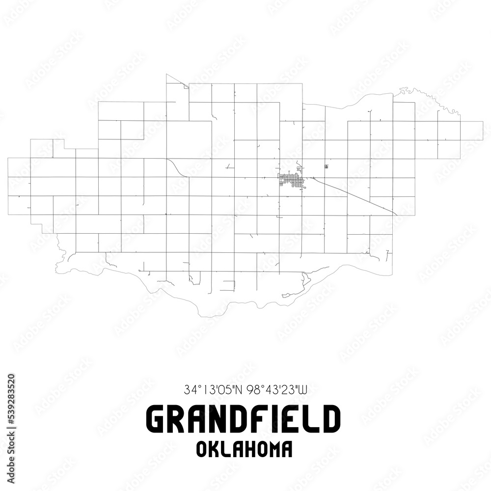 Grandfield Oklahoma. US street map with black and white lines.