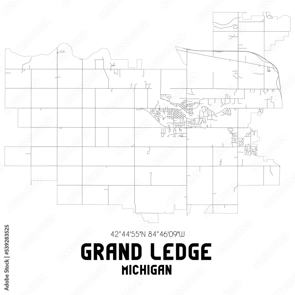 Grand Ledge Michigan. US street map with black and white lines.