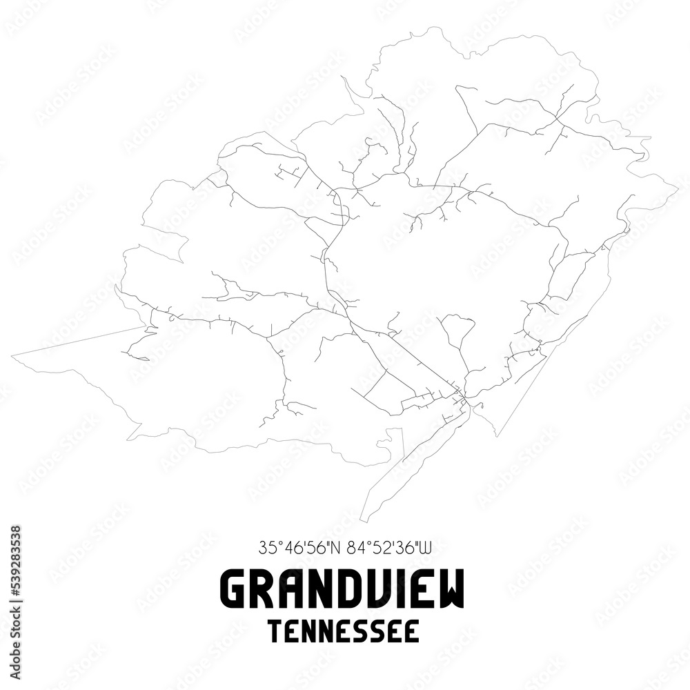 Grandview Tennessee. US street map with black and white lines.