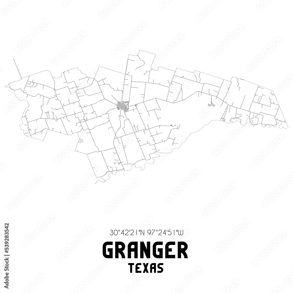 Granger Texas. US street map with black and white lines.