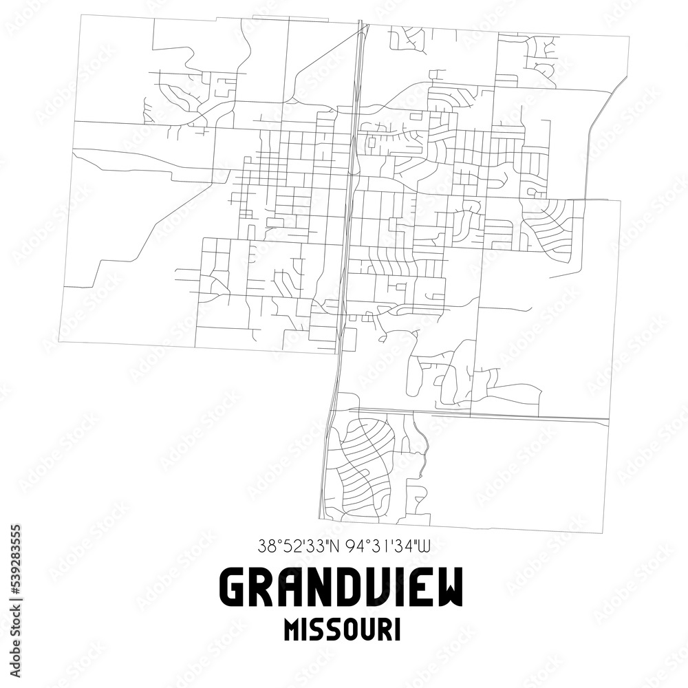 Grandview Missouri. US street map with black and white lines.