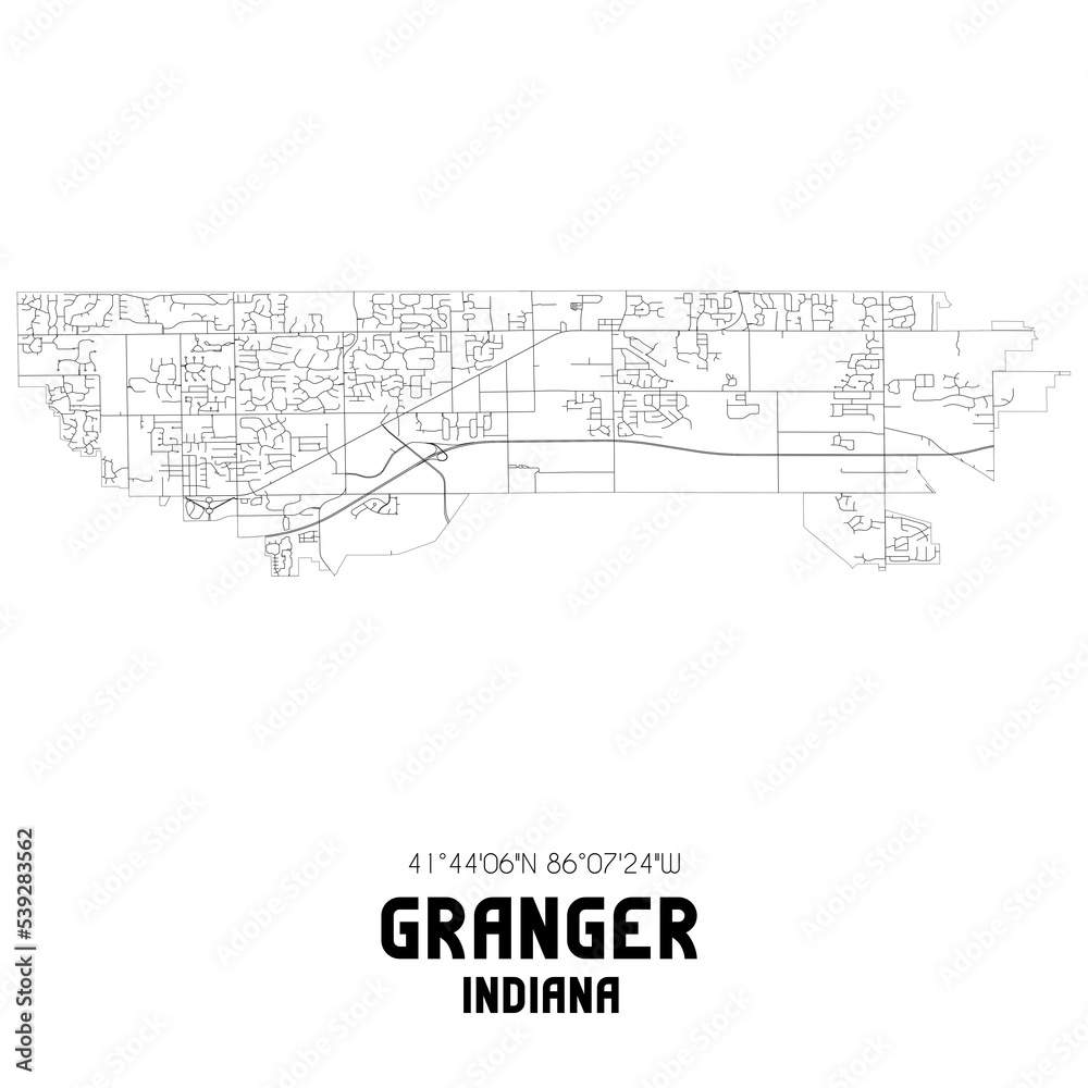 Granger Indiana. US street map with black and white lines.