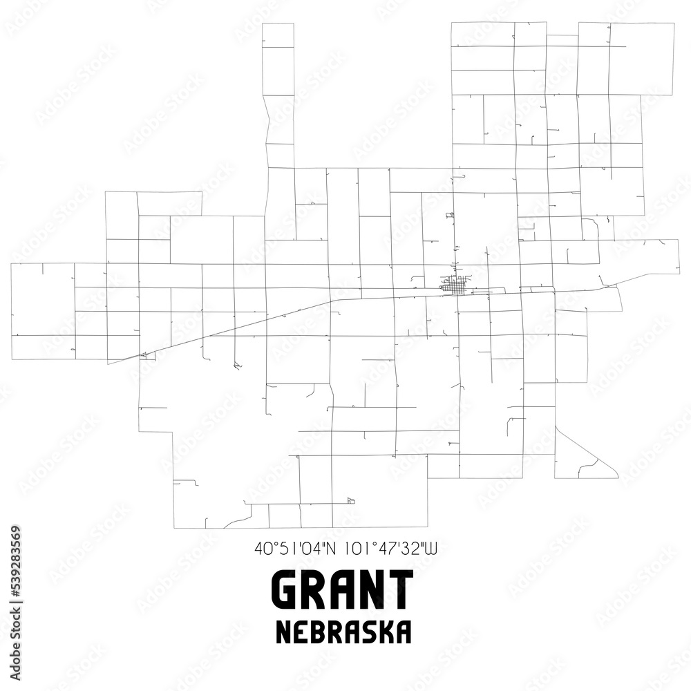 Grant Nebraska. US street map with black and white lines.