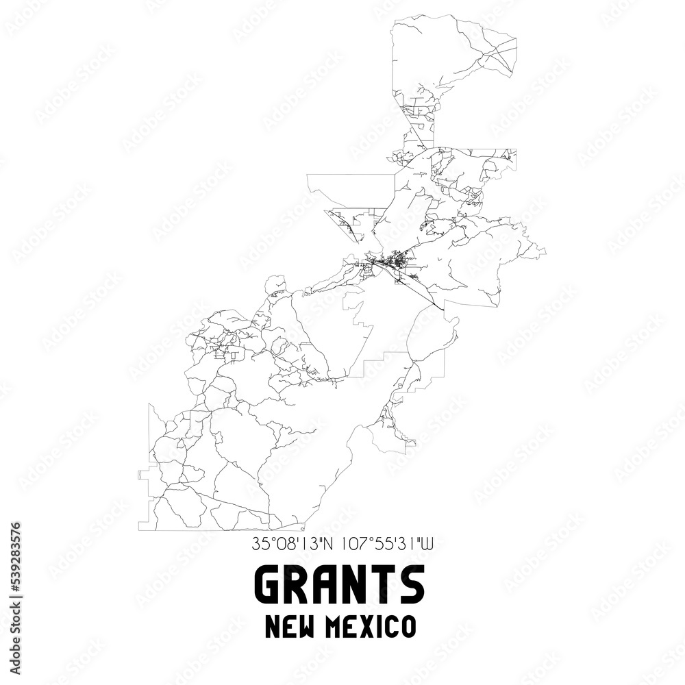 Grants New Mexico. US street map with black and white lines.