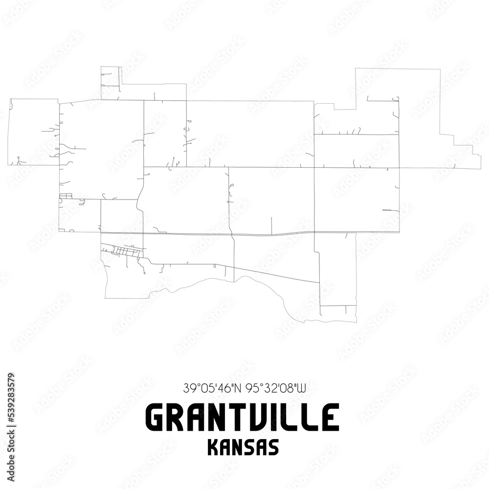 Grantville Kansas. US street map with black and white lines.