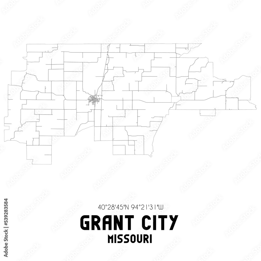 Grant City Missouri. US street map with black and white lines.