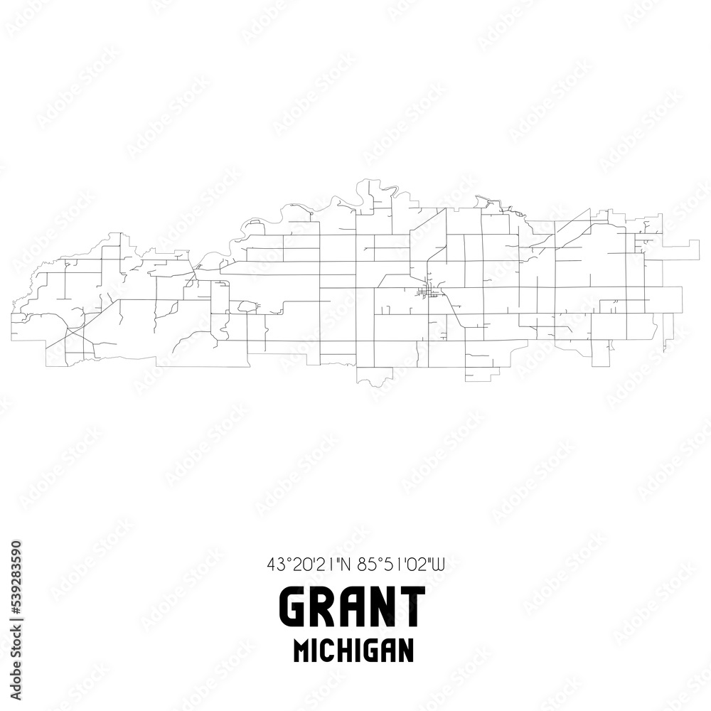 Grant Michigan. US street map with black and white lines.