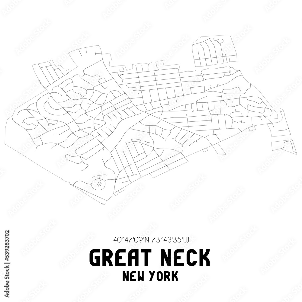 Great Neck New York. US street map with black and white lines.