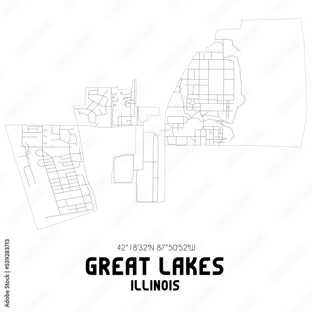 Great Lakes Illinois. US street map with black and white lines.