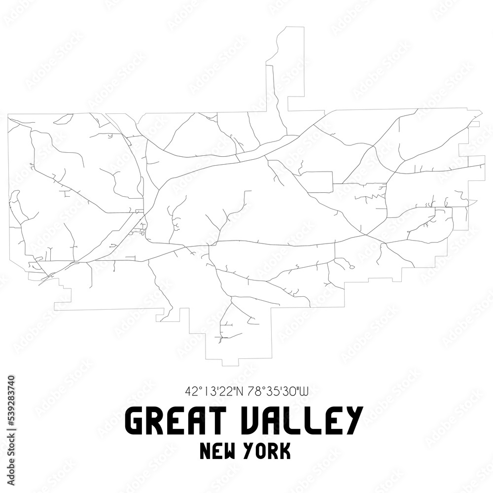 Great Valley New York. US street map with black and white lines.