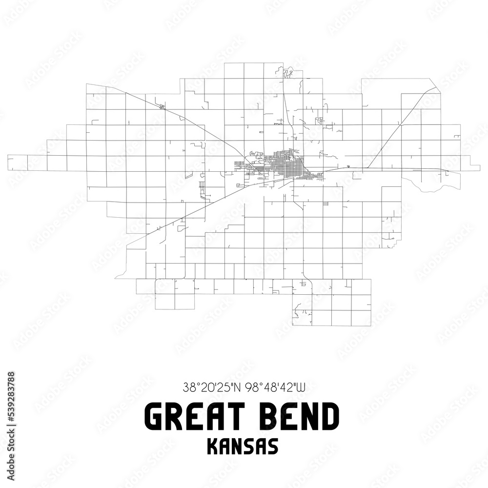 Great Bend Kansas. US street map with black and white lines.