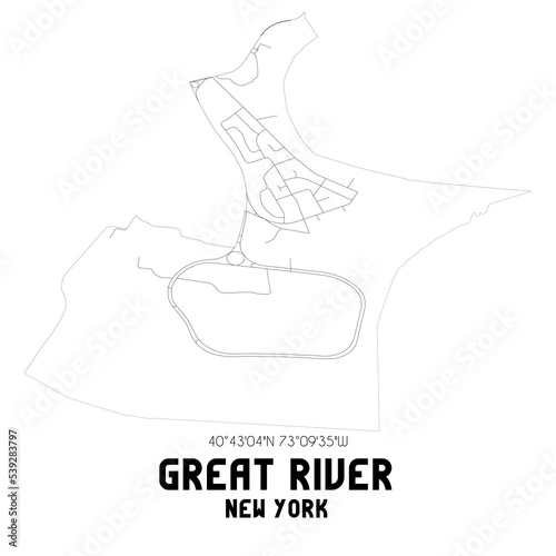 Great River New York. US street map with black and white lines.