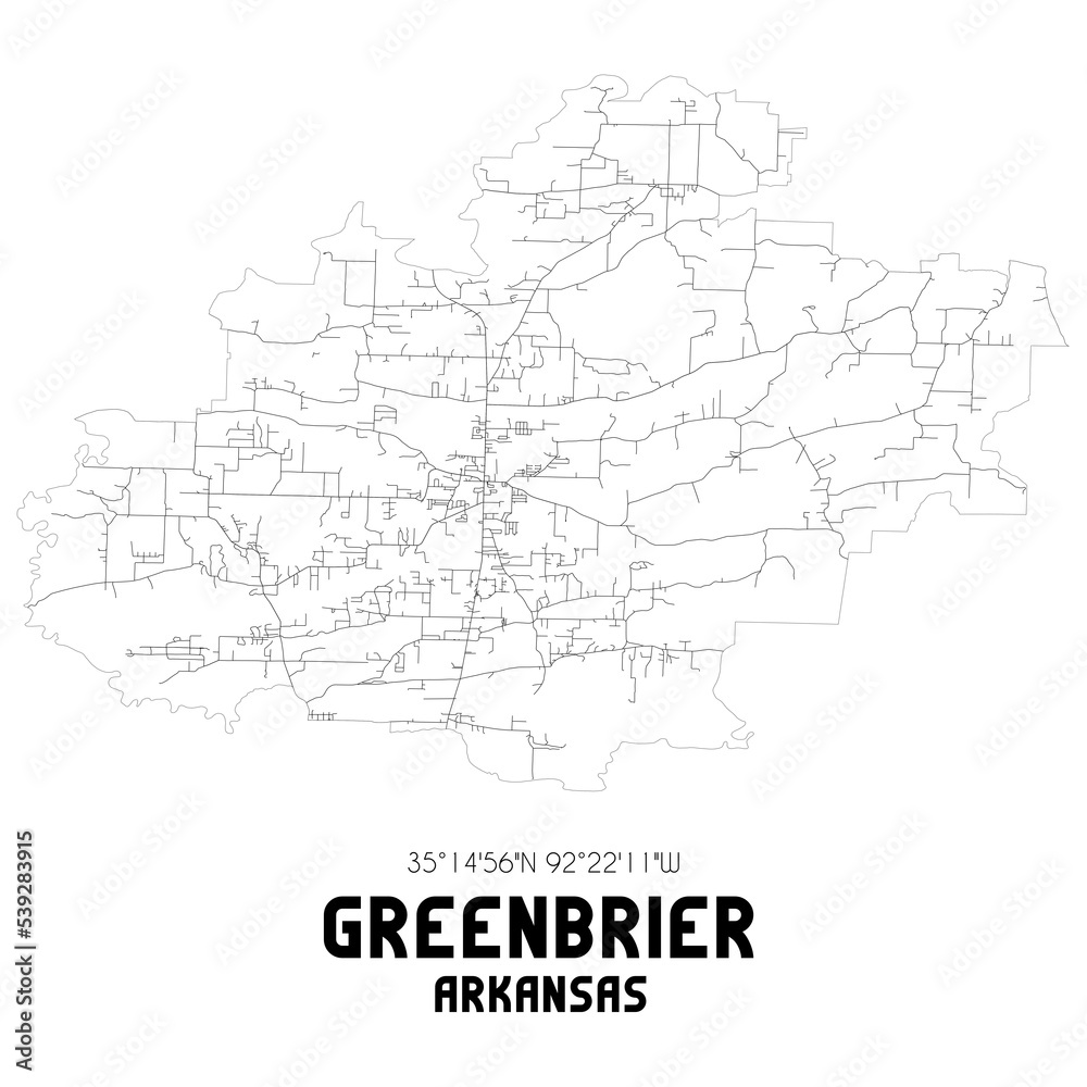 Greenbrier Arkansas. US street map with black and white lines.