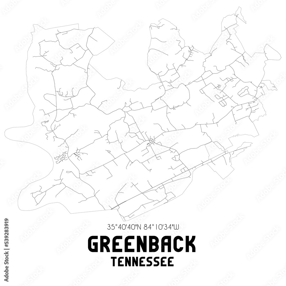 Greenback Tennessee. US street map with black and white lines.
