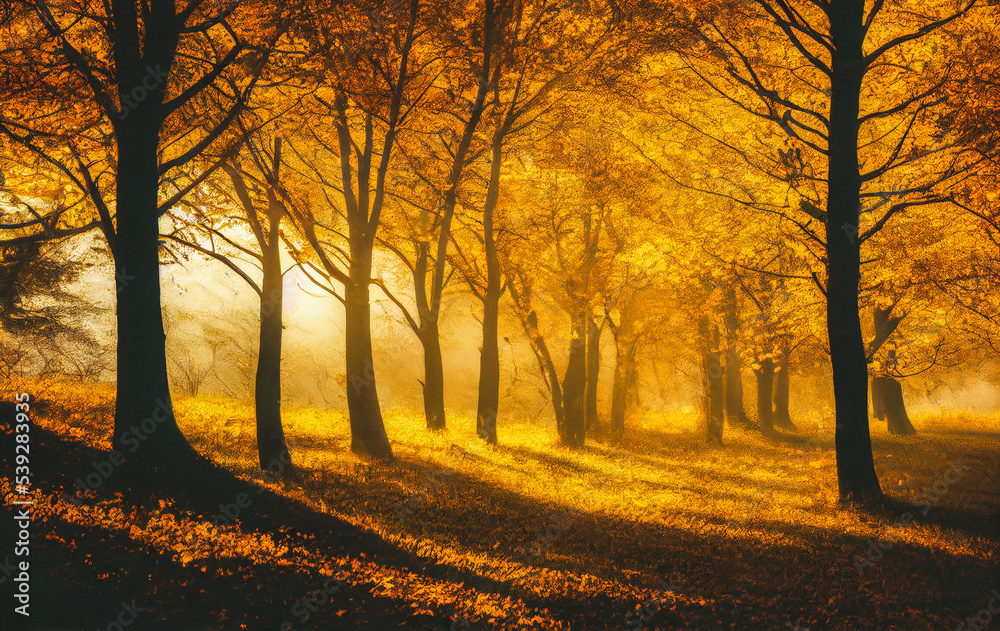 Autumn forest with gold and yellow sunshine atmosphere