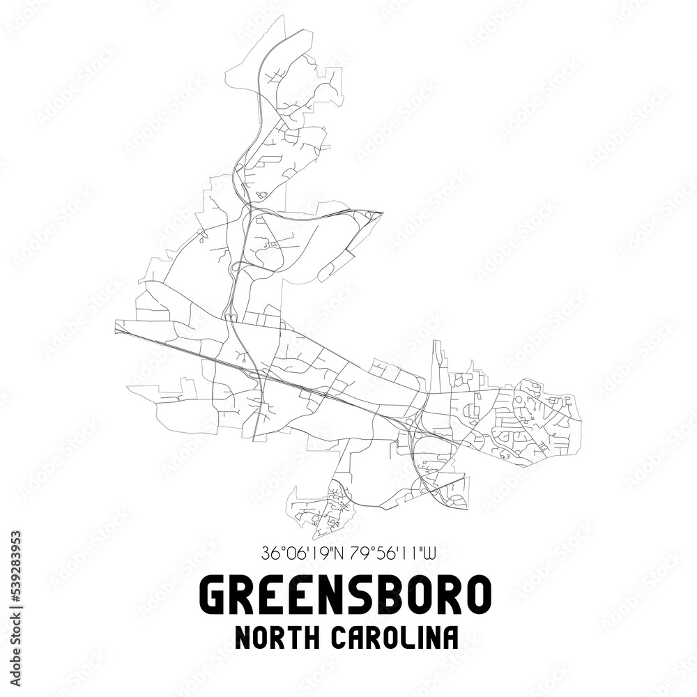 Greensboro North Carolina. US street map with black and white lines.