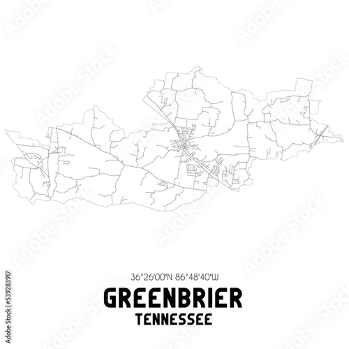 Greenbrier Tennessee. US street map with black and white lines.