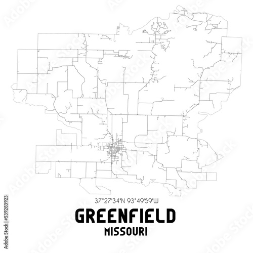 Greenfield Missouri. US street map with black and white lines.