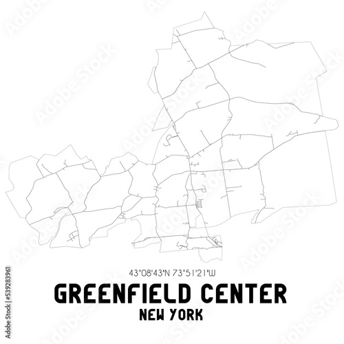 Greenfield Center New York. US street map with black and white lines.