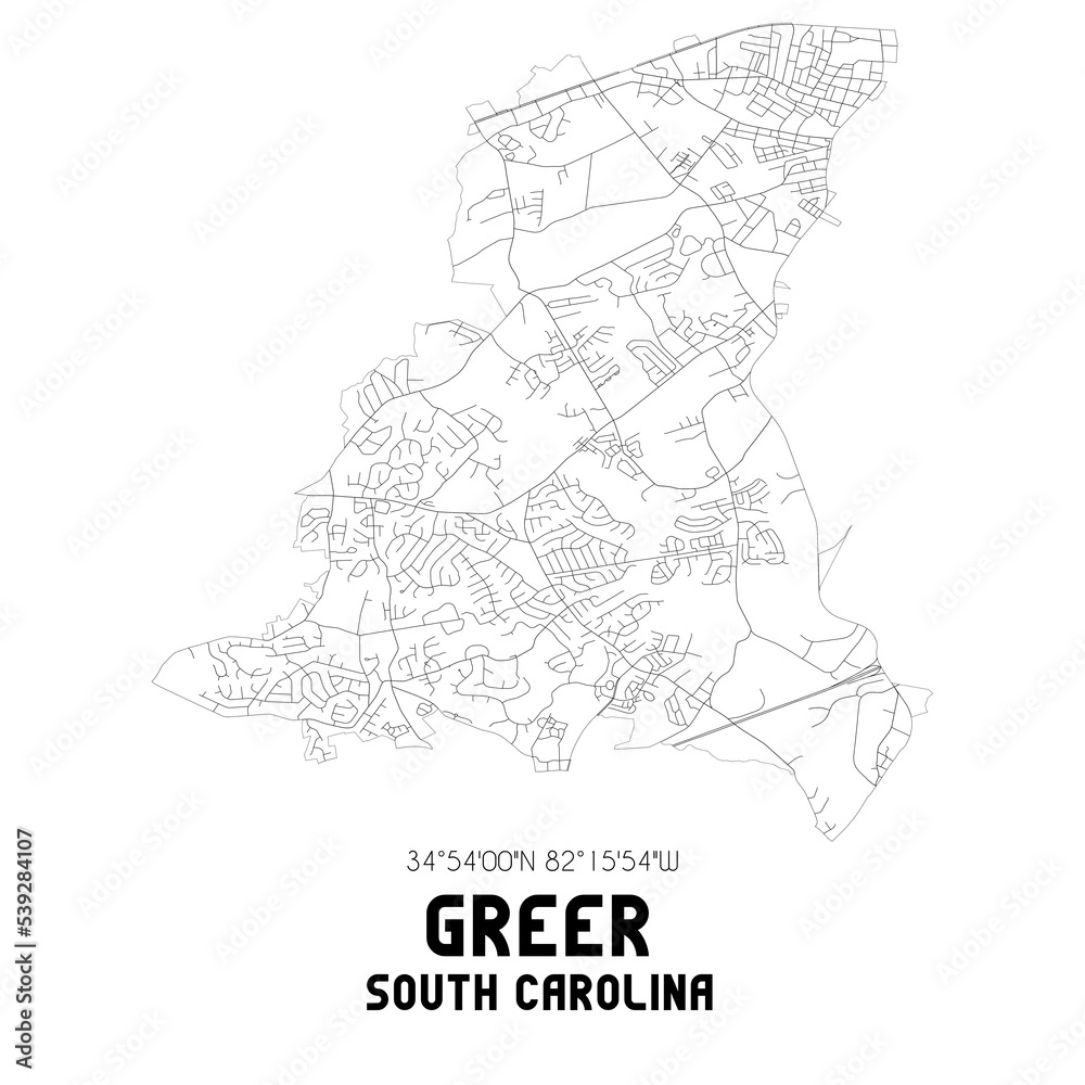 Greer South Carolina. US street map with black and white lines.