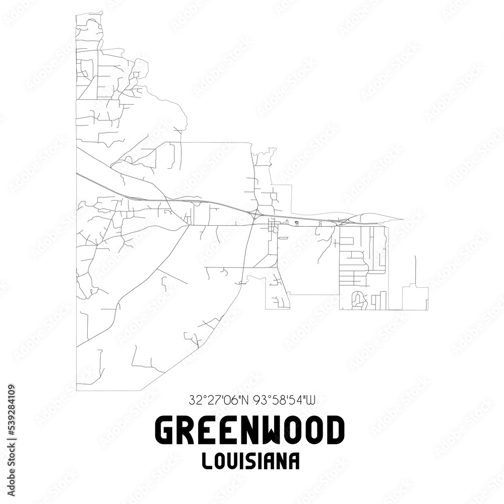 Greenwood Louisiana. US street map with black and white lines.