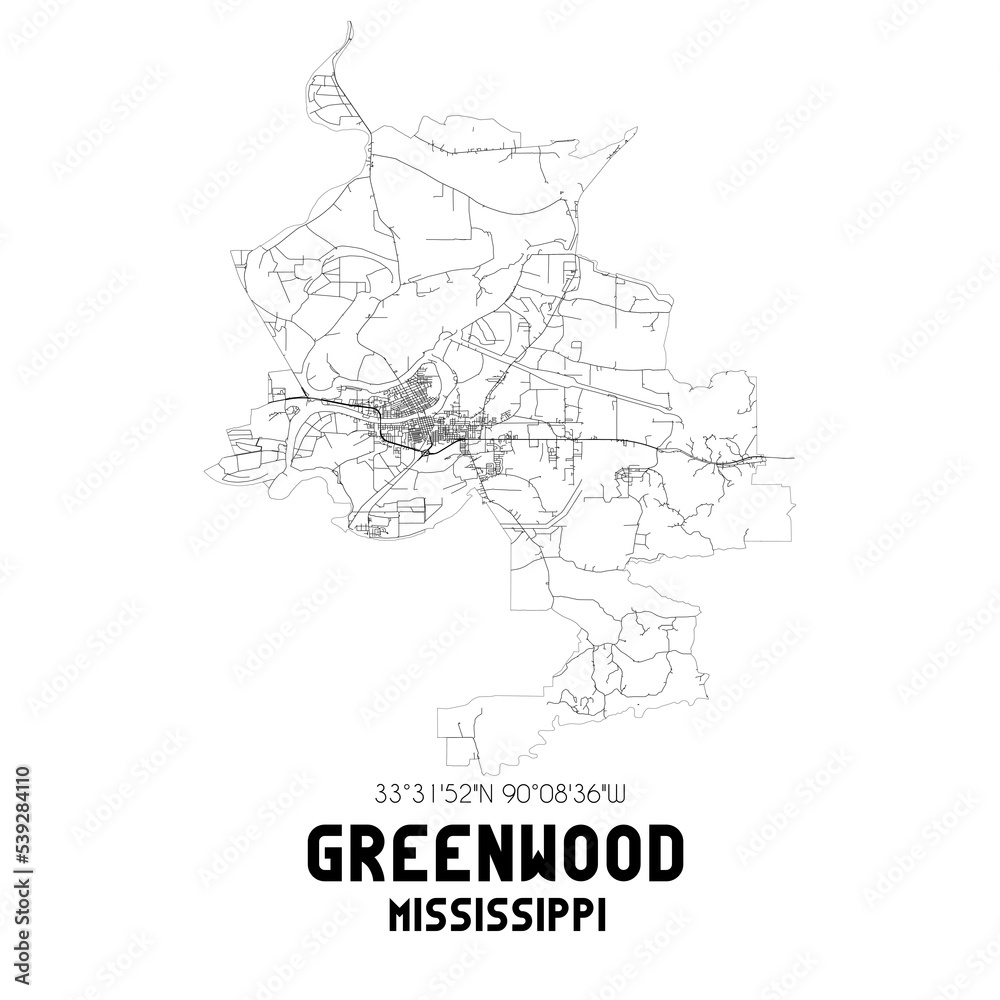 Greenwood Mississippi. US street map with black and white lines.
