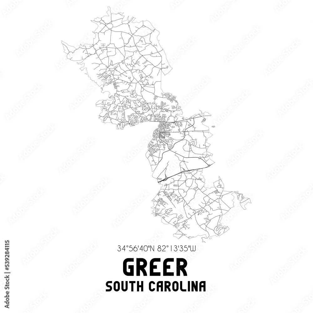 Greer South Carolina. US street map with black and white lines.