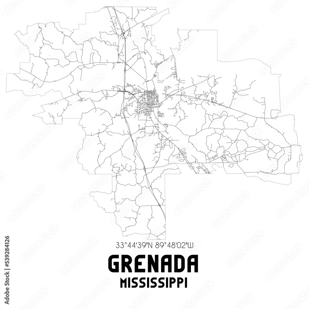 Grenada Mississippi. US street map with black and white lines.