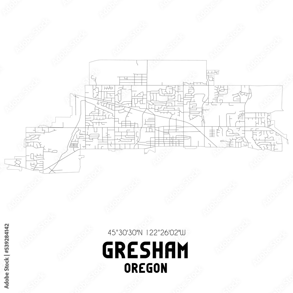 Gresham Oregon. US street map with black and white lines.