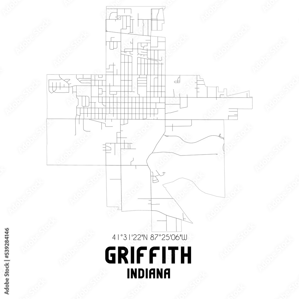 Griffith Indiana. US street map with black and white lines.