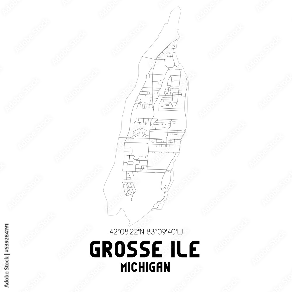 Grosse Ile Michigan. US street map with black and white lines.