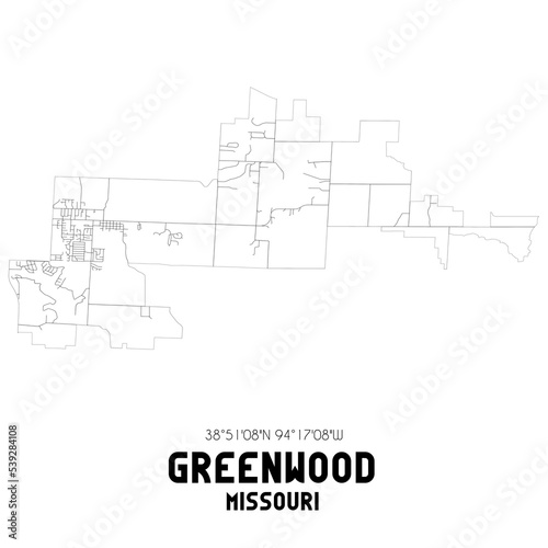 Greenwood Missouri. US street map with black and white lines.