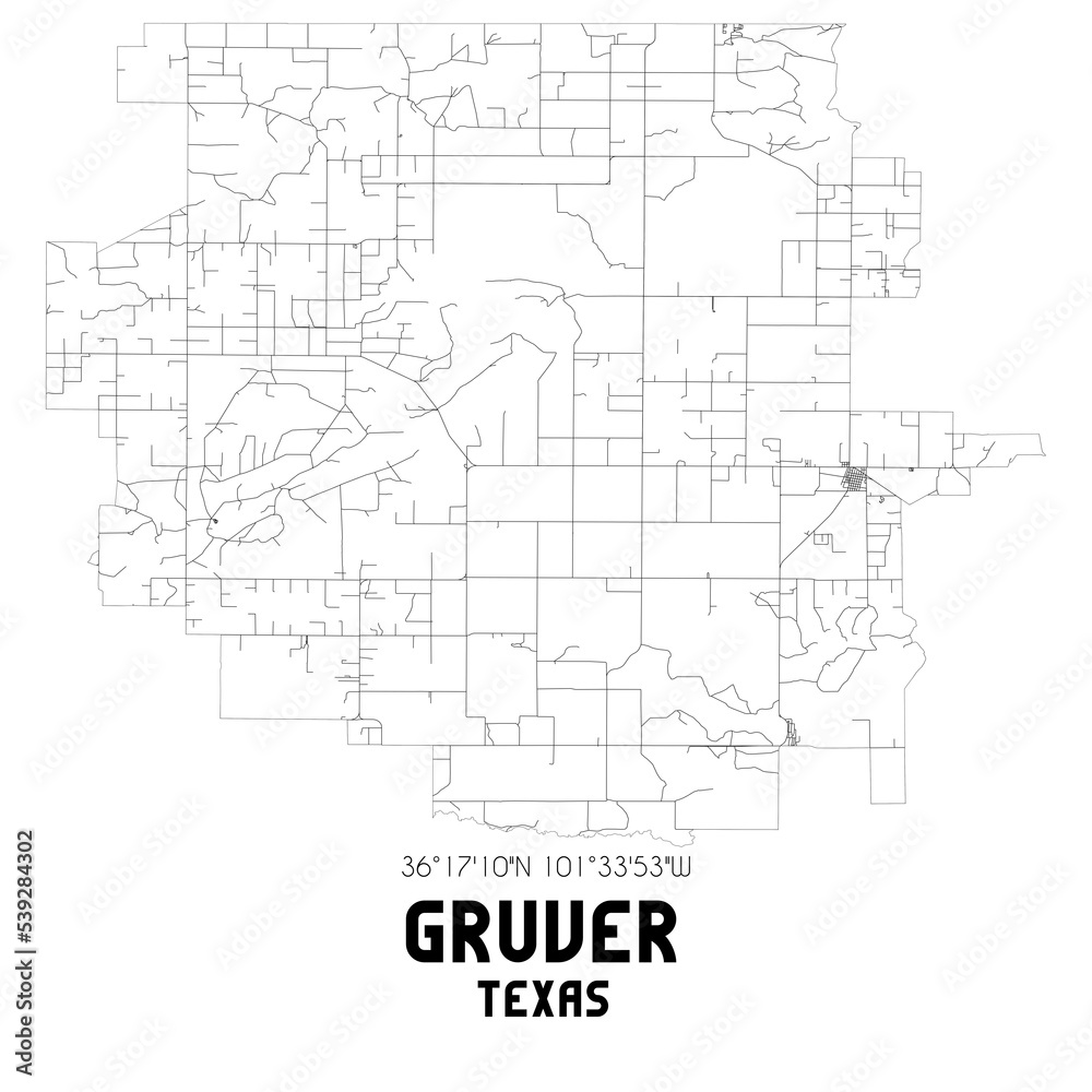 Gruver Texas. US street map with black and white lines.